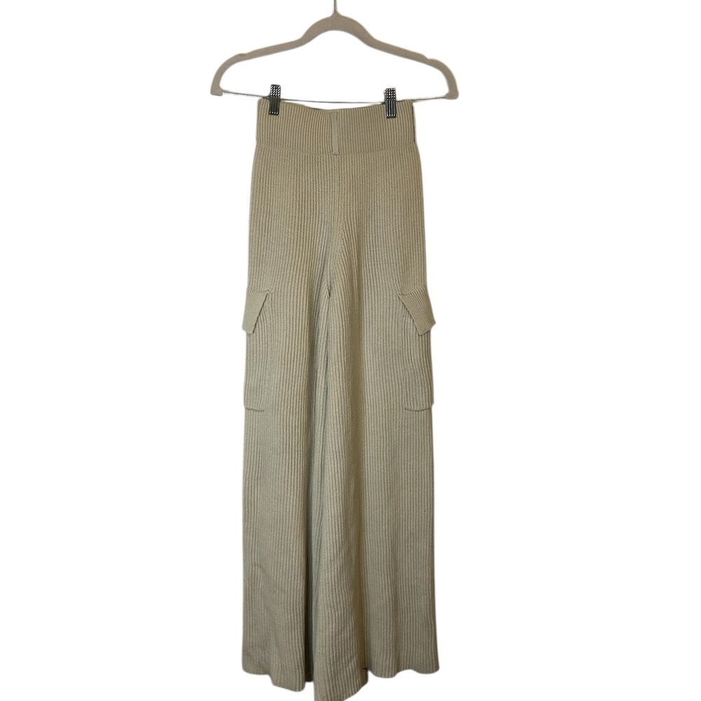 House of CB McKenzie Oatmeal Ribbed Knit Wide Leg Utility Trousers Size XS - Picture 3 of 4